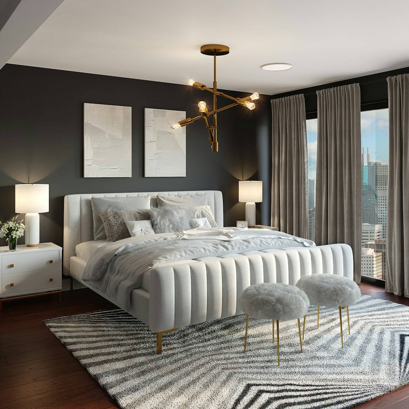 Elegant bedroom with a white upholstered bed, dark walls and brass lighting