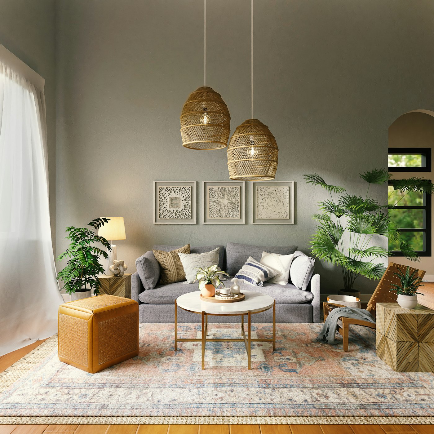 Sage green living room with rattan pendant lights and layered textures
